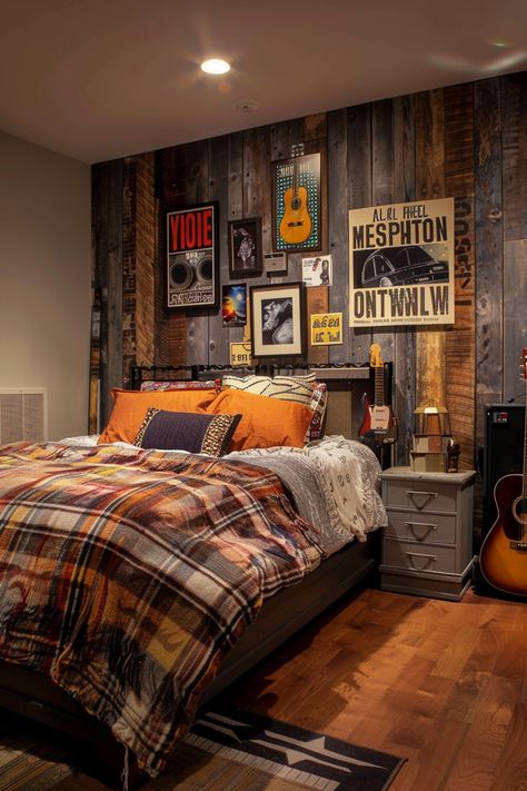 13 Unique Bedroom Wall Collage Ideas To Inspire You – DreamyHomeStyle Industrial Feature Wall, Punk Room Aesthetic, Picture Wall Ideas Bedroom, Wall Ideas Bedroom, Older Boys Bedrooms, Wall Collage Ideas, Picture Wall Ideas, Decorating Your Bedroom, Unique Bedroom