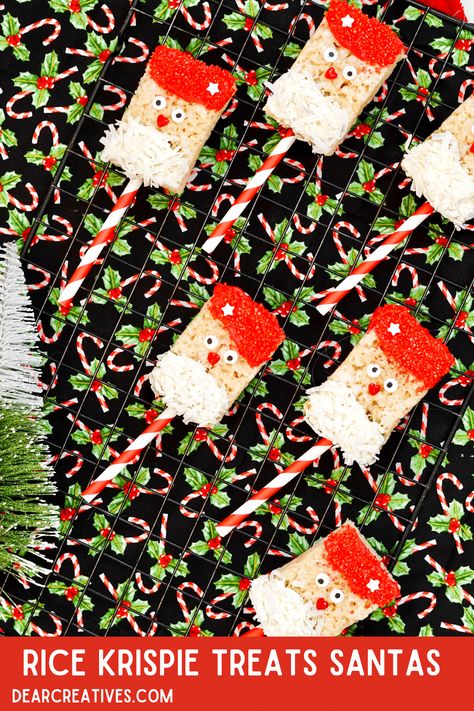 Santa Rice Krispie Treats are such an easy idea for the holidays!  Decorate Krispie treats to look like Santa. Find this and more easy Christmas treat ideas and ideas to make for Christmas at DearCreatives.com Santa Rice Krispie Treats, Christmas Treat Ideas, Easy Christmas Treat, Santa Cookie Recipe, Santa Treats, Christmas Cookie Ideas, Rice Krispie Treats Christmas, Rice Krispie Bars, Holiday Treats Recipes