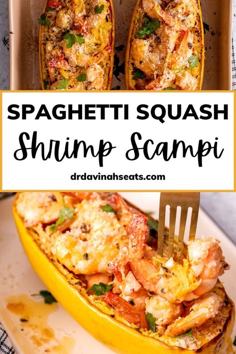 Shrimp scampi with spaghetti squash on a plate Low Carb Shrimp Recipes Dinners, Spaghetti Squash Shrimp Recipes, Spaghetti Squash Recipes With Shrimp, Keto Garlic Shrimp, Spaghetti Squash Seafood Recipes, Creamy Spaghetti Squash With Shrimp, Shrimp Scampi Spaghetti Squash, Shrimp And Spaghetti Squash, Shrimp Scampi With Spaghetti Squash