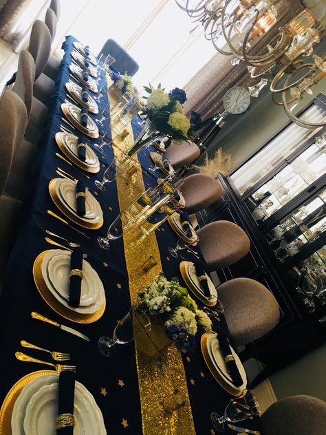 Blue and Gold Party Starry Night Party Blue And Gold Corporate Event, Navy Blue And Gold Birthday Party Ideas Man, Navy Blue Black And Gold Party, Black Blue And Gold Party Table Settings, Dark Blue And Gold Birthday Theme, Navy Blue And Gold 70th Birthday Party, Blue And Gold Party Decorations For Men, Blue And Gold 30th Birthday Party, Black Gold And Royal Blue Decor