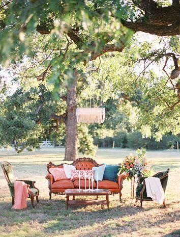 Unique vintage outdoor wedding reception lounge idea - antique furniture with coffee table in center with candlesticks + chandelier hanging from tree Ben Q. Photography Vintage Outdoor Weddings, Vintage Furniture Wedding, Wedding Lounge Area, Candlestick Chandelier, Wedding Reception Seating, Outdoor Lounge Area, Wedding Lounge, Outdoor Seating Area, Wedding Furniture