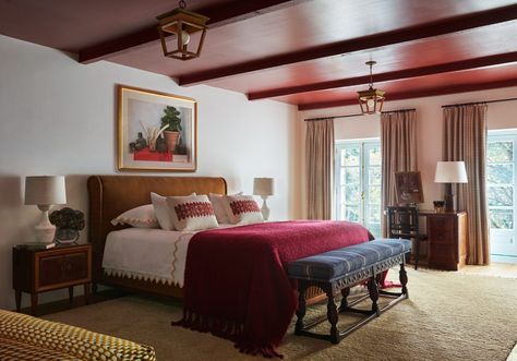 1stDibs 50 Interior Designer Nina Farmer Knows Her Way around a Historic House - 1stDibs Introspective Mediterranean Bedroom Ideas, Reclaimed Wood Counter, Mediterranean Bedroom, Red Ceiling, Storybook House, Hand Hewn Beams, Reclaimed Wood Beams, New England Homes, Stone House