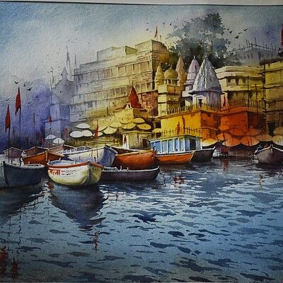 Ghat Painting, Banaras Ghat, Varanasi Ghat, Cheap Wall Art, Building Painting, Watercolor Workshop, City Drawing, Art Painting Gallery, Watercolor Landscape Paintings