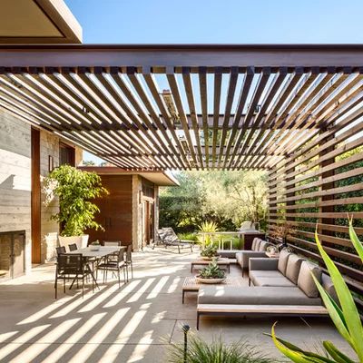 Exterior Pergola, Wall Mounted Pergola, Bioclimatic Pergola, Patio Remodel, Outdoor Living Space Design, Garage Exterior, Contemporary Patio, Modern Pergola, Wood Pergola