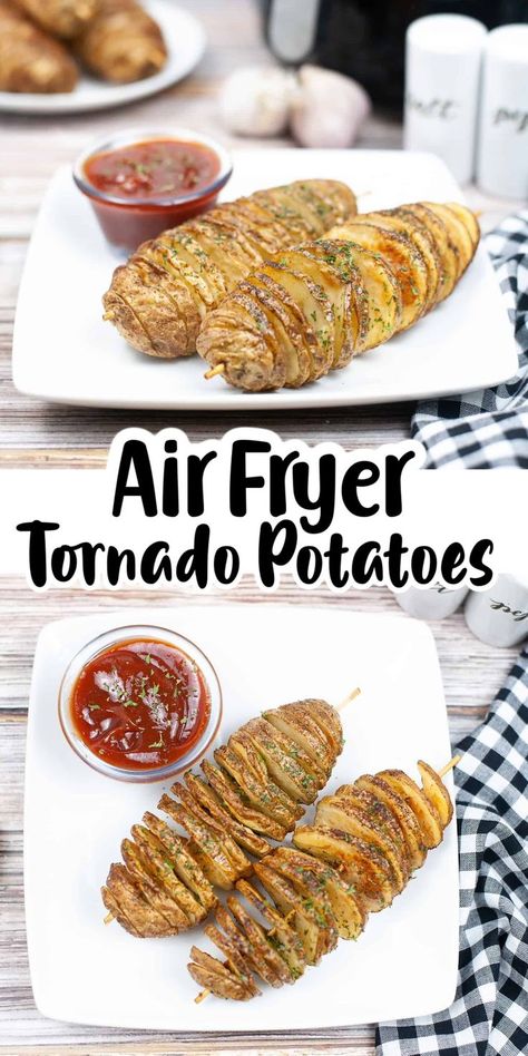 Air Fryer Tornado Potatoes Ribbon Potatoes Air Fryer, Fried Tornado Potato Recipe, Air Fryer Potato Spirals, Potato Skewers Spiral, Tornado Potato Skewers, Different Ways To Use Potatoes, Air Fryer Spiralized Potatoes, Accordion Potatoes Air Fryer, Tornado Potatoes Recipe