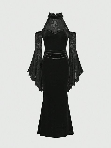 Gothic Elegant Sexy Open Shoulder Flared Sleeve Mermaid Hem Lace & Velvet Patchwork Dress For Women Black Party  Three Quarter Length Sleeve Velvet Plain Bodycon Non-Stretch,Slight Stretch  Women Clothing, size features are:Bust: ,Length: ,Sleeve Length: 파티 드레스, Velvet Flares, Flare Sleeve Dress, Theme Dress, Holiday Party Dresses, Gothic Dress, Black Party, Patchwork Dress, Long Bridesmaid Dresses