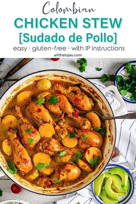 This easy one-pot Colombian Chicken Stew will satisfy your comfort food cravings. Chicken drumsticks, bell pepper, onions, and potatoes, are simmered in a flavorful broth to tenderness in just minutes. | allthatsjas.com | #chicken #stew #Colombian #latincuisine #easy #instantpot #slowcooker #healthy #quick #comfortfood #allthatsjas #recipes #onepot #glutenfree #dairyfree #potatoes #sazongoya #dutchoven #castiron #paleo #keto Colombian Appetizers, Colombian Chicken, Sancocho Colombiano, Mexican Soups, Columbian Recipes, Colombian Dishes, Chicken Drumstick, Chicken Drumstick Recipes, Drumstick Recipes