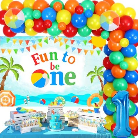 Fun To Be One Birthday, Beach Ball Birthday, Beach Ball Party, Themed 1st Birthday, Ball Birthday Parties, 1st Birthday Party Decorations, 1st Birthday Decorations, Garland Arch, First Birthday Themes