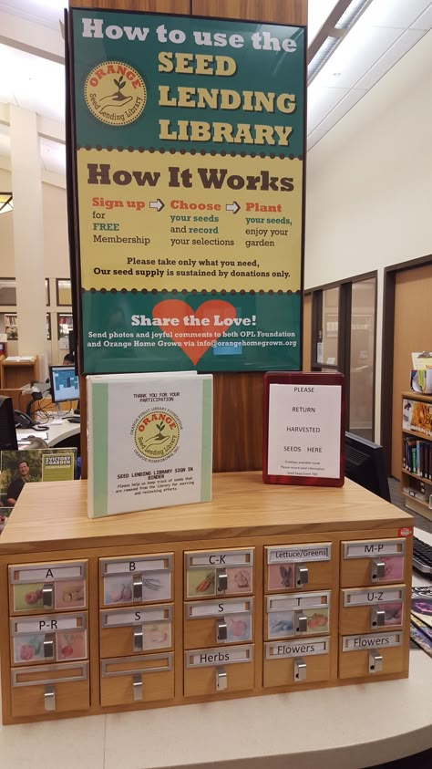 Seed Swap Ideas, Passive Library Programs For Adults, Seed Library Display, Seed Library Ideas, Library Programs For Adults, Seed Display, Library Garden, Seed Library, Community Service Ideas