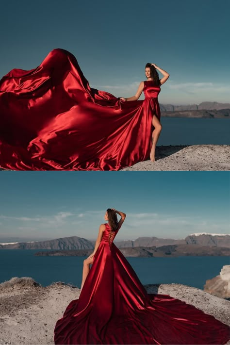 flying dress, red flying dress photoshoot, santorini dress, special occasion Flowy Gown Photoshoot, Flow Dress Photography, Long Dress For Photoshoot, Long Flowing Dresses Photography, Red Flowing Dress, Red Satin Long Dress, Big Flowy Dress Photography, Flying Dress Photoshoot Ideas, Flowing Dress Photography