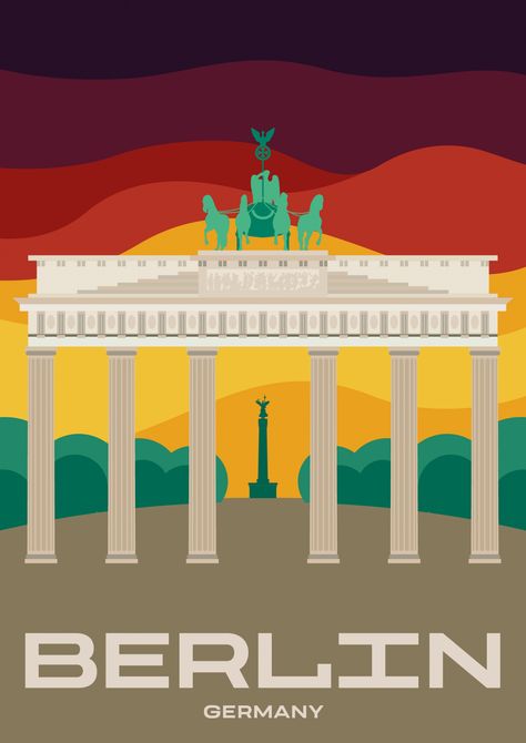 A modern, illustrated travel poster showing the Brandenburg Gate close to the Bundestag in Berlin, Germany. Berlin Illustration, German Illustration, Germany Illustration, Germany Poster, Tourism Design, Compass Drawing, Museum Island, Berlin Travel, Germany Berlin