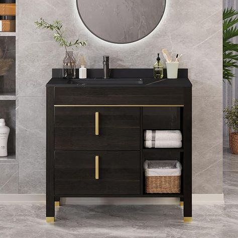 Amazon.com: DWVO 36 Inch Bathroom Vanity with Sink Combo, Bathroom Sink Cabinet Freestanding Storage Vanity with Sintered Stone Countertop & Acrylic Black Basin Sink and 2 Drawers, Black : Tools & Home Improvement Combo Bathroom, Bathroom Sink Cabinet, Storage Vanity, 36 Inch Bathroom Vanity, Bathroom Freestanding, Black And Gold Bathroom, Black Vanity Bathroom, Bathroom Sink Cabinets, Freestanding Bathroom Cabinet