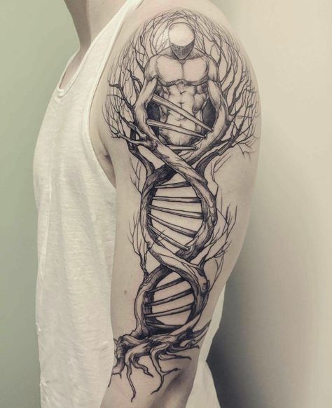 Dna Tree, Science Tattoo, Dna Tattoo, Unique Tattoos For Men, Medical Tattoo, Marquesan Tattoos, Bicep Tattoo, Geniale Tattoos, Spiritual Tattoos