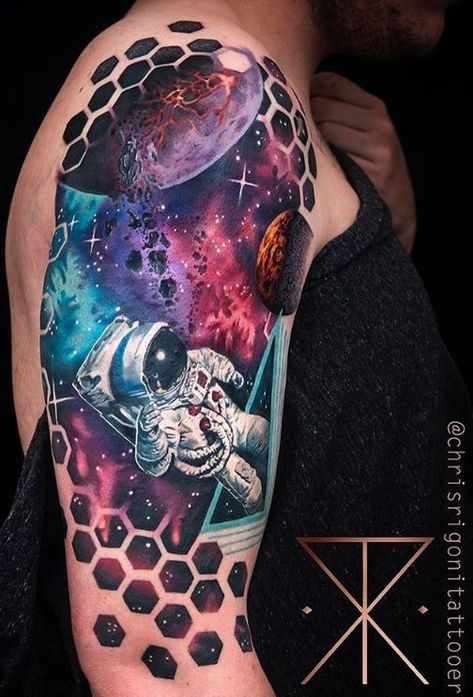 Galaxy Tattoo Sleeve, Space Tattoo Sleeve, Outer Space Tattoos, Motherhood Tattoos, Astronaut Tattoo, Galaxy Tattoo, Full Arm Tattoos, Wolf Tattoo Design, Space Tattoo