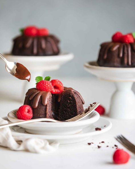 Vegan Mini Chocolate Bundt Cakes Mini Chocolate Bundt Cakes, Chocolate Bundt Cakes, Gluten Free Bundt Cake, Mini Bunt Cake, Vegan Strawberry Shortcake, Vegan Chocolate Ganache, Cakes Gluten Free, Chocolate Bundt, Being Vegan