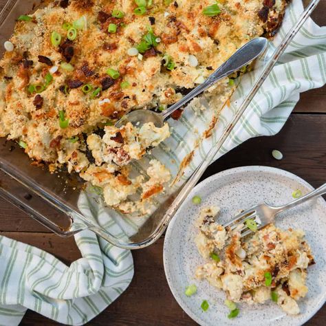 Loaded Cauliflower Casserole Make Ahead Casserole Recipes, My Pocket Kitchen, Loaded Cauliflower Bake, Thanksgiving Casserole Recipes, Pocket Kitchen, Loaded Cauliflower Casserole, Cream Cheese Sauce, Loaded Cauliflower, Loaded Baked Potato