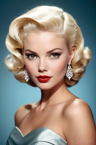 Blonde Hair Blue Eyes Red Lipstick, Old Hollywood Blonde Hair, Glamourous Hairstyles For Short Hair, 20s Gatsby Hair, Vintage Elegant Hairstyles, 50s Glamour Hair, 70 Hairstyles 1970s Short Hair, Flapper Makeup 1920s Gatsby Hair, Retro Makeup Looks 1950s Vintage Style