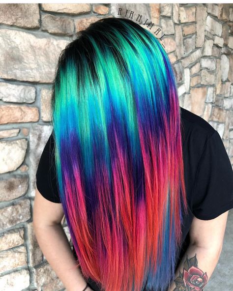 Melted holographic hair by @rianimal #hotonbeauty . . . . #northernlights #holographichair #hairart #colormelting #salonlife Fun Hair Color Ideas For Brunettes Ombre Dip Dye, Multi Color Hair Dye Ideas, Vivid Hair Color Ideas Blondes, Summer Vivid Hair Color, Block Haircolor, Unique Summer Hair Color, 3d Hair Color, Crazy Color Hair Ideas, Multi Color Hair Dye Techniques