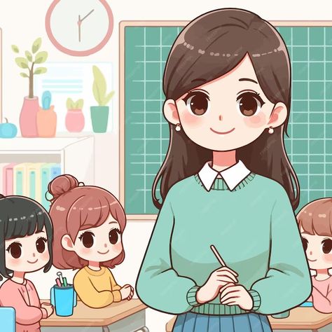 Premium Vector | A cartoon illustration of a teacher with three little girls in a classroom Classroom Aesthetic, Aesthetic Highlight Covers Instagram Pink, Teacher Aesthetic, Teacher Cartoon, Student Cartoon, Teacher Day, Stationery Templates, Business Card Maker, Highlight Covers