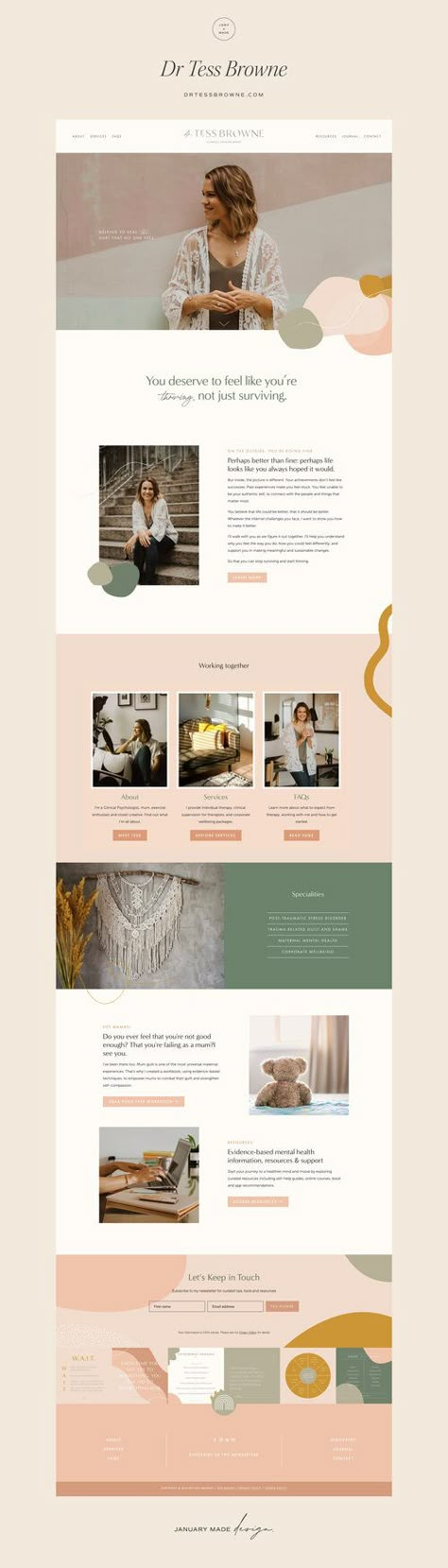 Dr Tess Browne Clinical Psychologist — January Made Design | Websites & Branding Therapy Website Design, Cv Website, Earthy Branding, Feminine Web Design, Feminine Website Design, Wellness Website, Therapy Website, Website Design Inspiration Layout, Squarespace Design