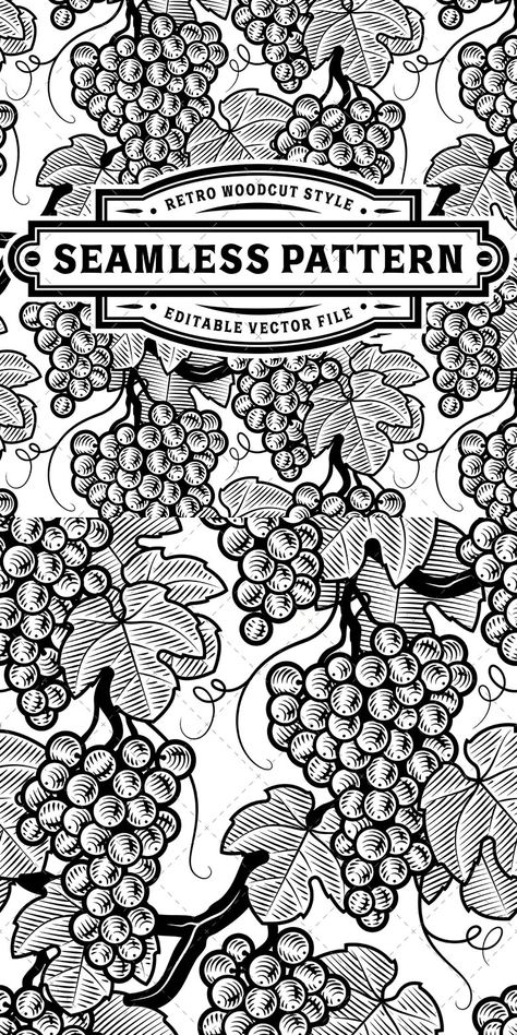 Seamless Grapes Pattern Black And White. Adobe Illustrator, Adobe Photoshop. EPS, JPG. Px, 5000, 5000. Grapes Illustration, Grape Pattern, Pattern Black And White, Black And White Design, Vector File, Pattern Art, Seamless Pattern, Design Template, Adobe Photoshop