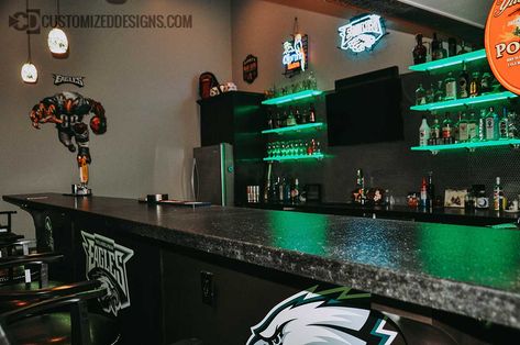 Gallery & Idea Center - Customizeddesigns.com Philadelphia Eagles Game Room, Sports Bar Ideas For Home, Philadelphia Eagles Man Cave Ideas, Eagles Basement, Philadelphia Eagles Room, Home Sports Bar Ideas, Basement Sports Bar Ideas, Eagles Man Cave, Doobie Den