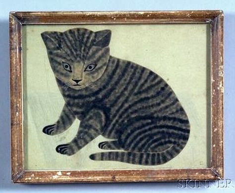 American School, 19th Century Portrait of a Gray Tabby Cat. Gray Tabby Cat, Folk Art Cat, 19th Century Portraits, Gray Tabby, Arte Folk, American School, Antique Folk Art, Cat Artwork, Primitive Folk Art