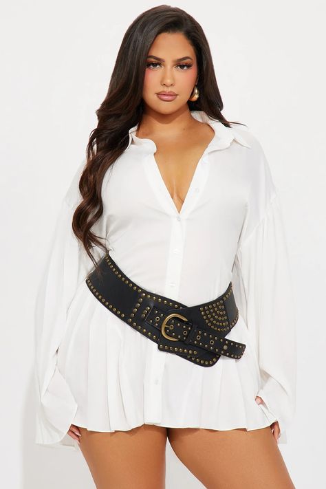 Long Bell Sleeves, Studded Belt, White Shirt Dress, Mini Shirt Dress, Style Mistakes, White Fashion, Collar Dress, Clothes For Sale, Fashion Nova