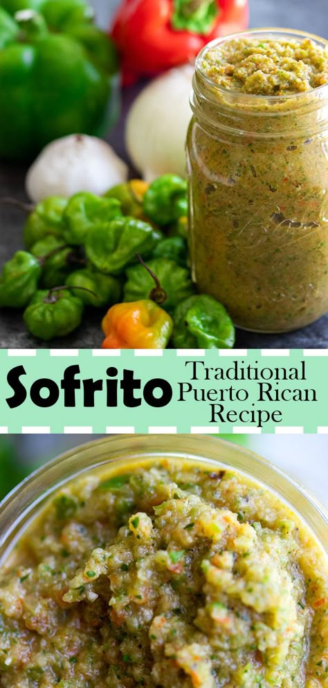 Sofrito, also called recaito is a stable to preparing many Puerto Rican cuisines. It is made in different variations around the Caribbean Islands. The base consisting of peppers, onion, garlic, and tomatoes. Puerto Rican Sofrito rarely has tomatoes and uses two main ingredients – culantro and ají dulce. #caribbean #sofrito #puertorico #recipe #food #marinade #seasoning Aji Dulce Recipes, Recaito Recipe Puerto Rico, Homemade Sofrito Recipe Puerto Rico, Picadillo Recipe Puerto Rican, Sofrito Puertorriqueño, Puerto Rican Recipes Authentic, Recaito Recipe, Puerto Rican Sofrito Recipe, Sofrito Recipe Puerto Rican