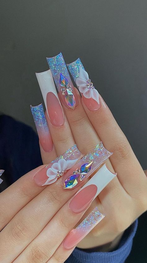 Light Blue Acrylic Nails With Gems, Light Blue Nails Long Square, Light Blue Acrylic Nails With Diamonds, Quince Nails Blue Cinderella, Long Light Blue Nails With Rhinestones, Quinceanera Nails, Gold Acrylic Nails, Curved Nails, Fall Acrylic Nails