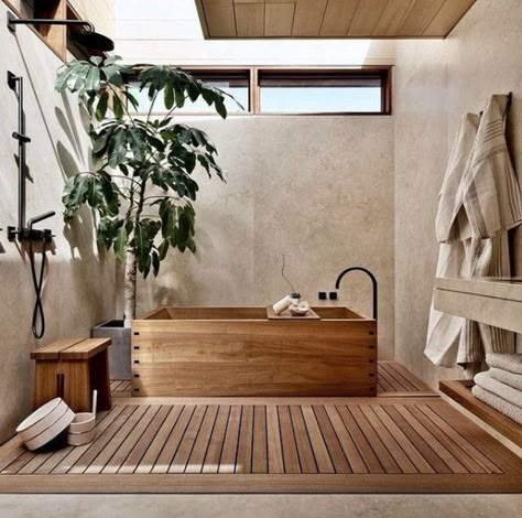 When it comes to soaking for the pure joy of it and maybe even having a somewhat spiritual experience, these Japanese-inspired tubs we saw on Instagram had us hooked. Here are 11 we just love. Japanese Style Bathroom, Japanese Bathroom, Japanese Home Design, Zen Bathroom, Interior Design Minimalist, Japanese Home Decor, Japanese Interior Design, Japandi Interior, Japanese Home