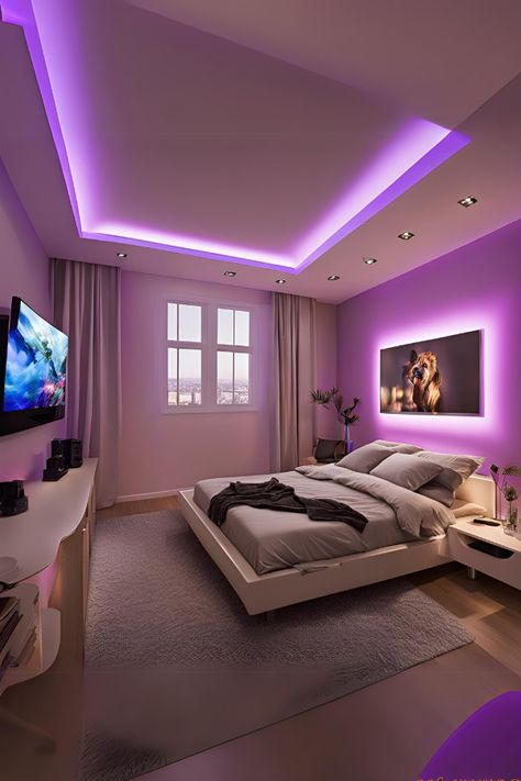 led strip light cozy teen bedroom ideas with king sized bed Modern Room With Led Lights, Room Design With Led Lights, Simple Led Lights Bedroom, Led Lights Behind Headboard, House Interior Led Lights, Led Light Room Ideas, Led Apartment Aesthetic, Cozy Teen Bedroom Ideas, Bedroom Warm Lighting