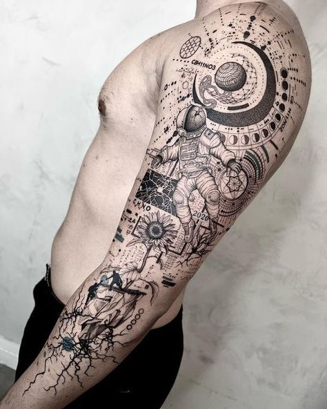 Space Hand Tattoos For Guys, Math Sleeve Tattoo, Space Arm Sleeve Tattoo, Psydelic Tattoos, Geometric Space Tattoo, Sacred Geometry Sleeve, Full Arm Tattoo Men, Geometric Arm Tattoo, Space Arm Tattoo