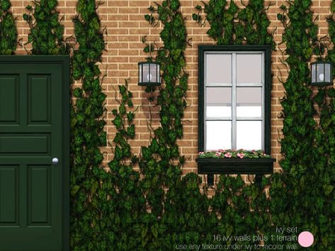 Ivy Set. For both Contemporary and Traditional Sim homes. Found in 'Misc Walls' on TSR. Found in 'Wall Sets' ingame. Use any texture under the ivy to recolor walls. 16 walls and 1 terrain paint of... Sims 4 Cc Ivy Wall, Sims4 Furniture, Wall Climbing Plants, Sims 4 Cottage, Mod Wall, Cc Packs, Building Inspiration, Outside Plants, Cc Furniture