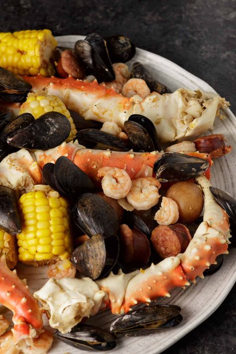 Seafood Boil with Crab, Mussels and Shrimp | Butter & Baggage Seafood Boil With Mussels, Crab Leg Boil Recipe, Old Bay Seafood Boil, Crab Leg Boil, Louisiana Crab Boil, Fish Boil Recipe, Crab Legs Boil, Seafood Sausage, Shrimp Butter