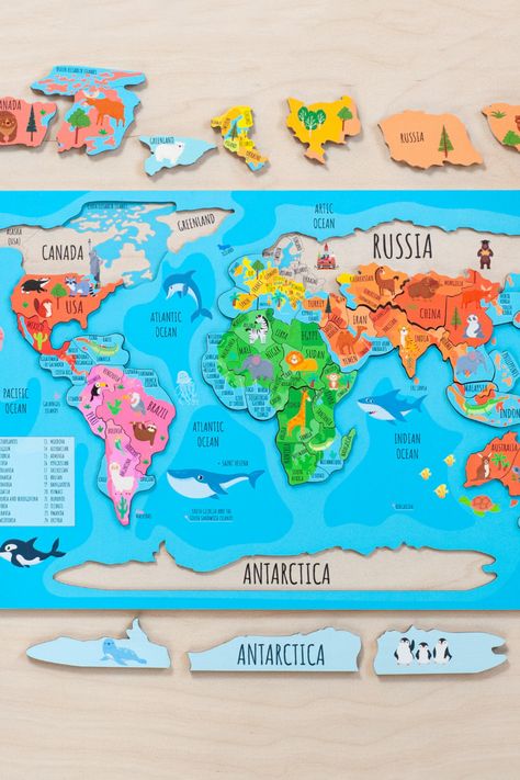 Introducing our World Map Kids Jigsaw Puzzle, a captivating and educational toy designed to spark curiosity and inspire young minds. This wooden Montessori puzzle introduces children to the wonders of geography and the diversity of our world. It is a perfect gift for toddlers and preschoolers who are eager to explore and learn. Continent Map, World Map Puzzle, Puzzle Gifts, Wooden Toys For Kids, Geography For Kids, Kids World Map, Montessori Diy, Diy Educational Toys, Map Puzzle