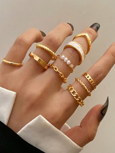 Hollow Ring, Womens Jewellery, Embellished Fashion, Punk Vintage, Pearl Decor, Ringe Gold, Rings Jewelry Fashion, Gold Collar, Geometric Ring