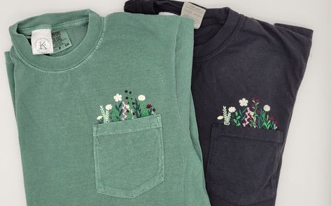 Pocket Embroidery T Shirts, Shirt Pocket Embroidery, Affordable Cute T-shirt With Floral Embroidery, Cute Floral Embroidery Short Sleeve T-shirt, Spring Custom Embroidery Short Sleeve T-shirt, Wildflower Pocket Shirt Embroidered, Monogram Pocket Tees, Floral Pocket, Trendy Boho