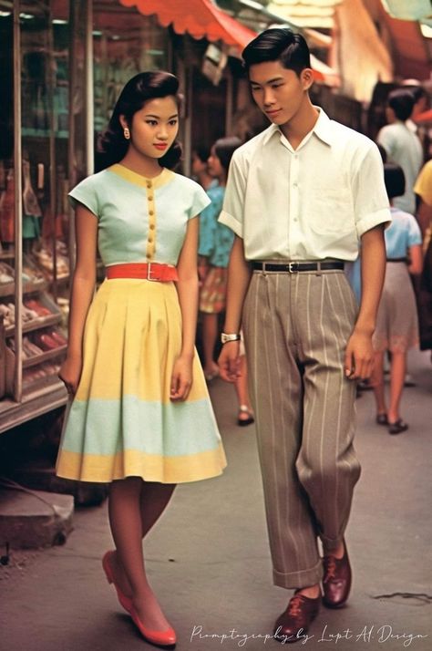 Vietnam Fashion Outfits, 50s Aesthetic Fashion, Pair Outfits, Vintage Asian Fashion, Movie Wardrobe, Vintage Myanmar, 50s Aesthetic, Outfit Couple, Guy Fashion