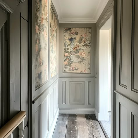 Wood Panelling Wallpaper Hallway, Master Suite Hallway, 1930s Wall Panelling, Panels And Wallpaper, Wallpaper In Paneling, Edwardian Hallway Panelling, Victorian Wall Panelling Bedroom, Paneling With Wallpaper Inside, Wallpaper Inside Wall Moulding