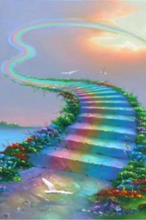 Beautiful pastel drawing of the rainbow bridge Expanding Consciousness, Pet Poems, राधा कृष्ण वॉलपेपर, 동화 삽화, Siluete Umane, Stairway To Heaven, Beautiful Fantasy Art, Over The Rainbow, Landscape Wallpaper