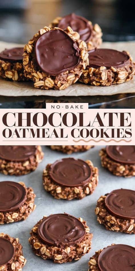 vertical collage displaying stacks of no-bake chocolate oatmeal cookies on a parchment-lined tray. The bottom section shows multiple cookies arranged neatly with their glossy chocolate tops. Text overlay emphasizes, "No-bake chocolate oatmeal cookies." No Bake Chocolate Chip Cookies, Cookies With Chocolate Frosting, Chocolate Oatmeal No Bake Cookies, Chocolate Oatmeal No Bake, No Bake Oatmeal Cookies, No Bake Cookie Recipe, Oatmeal No Bake, Peanut Butter Oatmeal Chocolate Chip Cookies, Peanut Butter Oatmeal Chocolate Chip