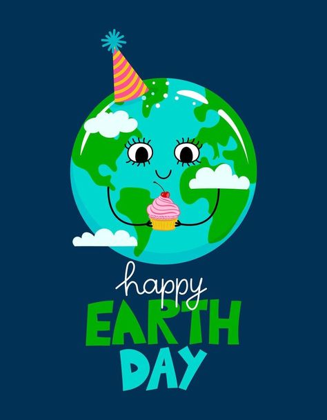 Happy Earth Day - Planet Earth kawaii drawing with birthday cake. Poster or t-shirt textile graphic design. Beautiful illustration. Earth Day environmental Protection. Every year on April 22. Happy Earth Day 2024, Earth Day 2024, Earth Day Graphics, 22 April Earth Day, Earth Day Pictures, Earth Day Images, Cake Poster, Earth Day Posters, Vector Landscape