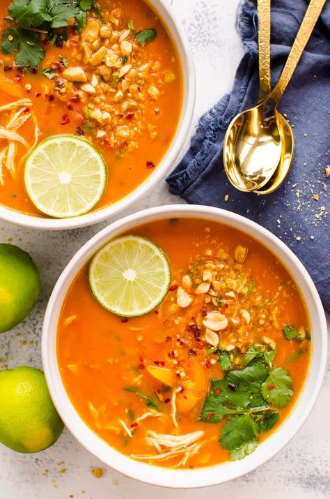 Easy and creamy Instant Pot Thai Chicken Soup with coconut milk, peanuts, cilantro, lime and full of hidden veggies. Make on the stove, slow cooker or turn into a freezer meal. Thai Peanut Soup, Instant Pot Thai, Soup With Coconut Milk, Thai Chicken Soup, Soup Instant Pot, Ip Recipes, Chicken And Butternut Squash, Pot Beef Stew, Instant Pot Soup Recipes