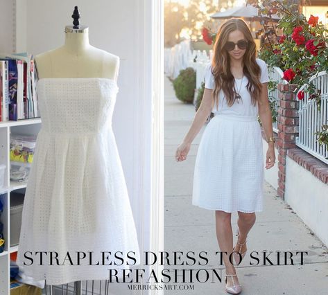 Merrick's Art | Easy Strapless Dress to Skirt Refashion Dress Into Skirt, Dress To Skirt, Upcycled Clothing Tutorial, Skirt Refashion, Refashion Dress, Merricks Art, Diy Clothes Videos, Plus Size Cocktail Dresses, Fashion Wallpaper