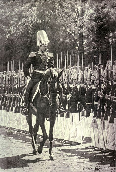 The Kaiser reviews the troops of the Erste Garde Regiment zu Fuss. Imperial Germany, Cold Images, Kaiser Wilhelm Ii, German Empire, Kaiser Wilhelm, Imperial Army, Star Wars Characters Pictures, German Uniforms, German History