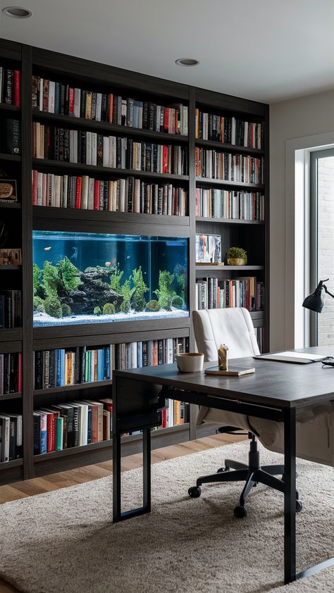 Aquarium Home Office Design Inspirations Fish Tank Built In Bookcase, Library With Aquarium, Aquarium In Bookshelf, Aquarium Home, Home Office Designs, 80s House, Office Design Inspiration, Modern Desks, Office Designs