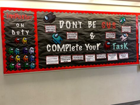 Among Us Theme Among Us Bulletin Board Ideas, Among Us Bulletin Board, Among Us Classroom Theme, Ra Door Decs, College Bulletin Boards, Bulletin Boards Theme, Room Parent, Bullentin Boards, Ra Bulletins