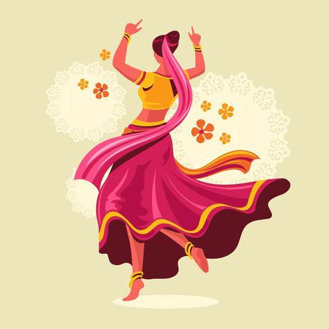 Vector Design of Woman Playing Garba Dance for Dussehra Dandiya Night during Navratri Garba Invitation Card, Garba Photography Poses, Garba Photography, Dandiya Raas, Dandiya Night, Garba Dance, Dancing Pose, Leaf Skeleton, Rajasthani Art