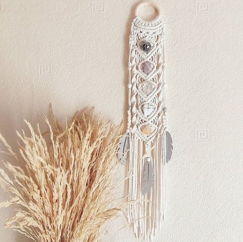 Macrame Crystal Stones Wall Hanging Crystals for Sleep - Etsy UK Crystal Wall Hanging, Hanging Crystals Diy, Crystals For Sleep, Wooden Feather, Spiritual Wall Decor, Wall Hanging Designs, Sleep Gifts, Hanging Crystals, Diy Crystals